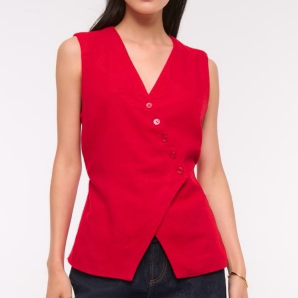 Abercrombie & Fitch Red Linen Blend Asymmetrical Preppy Academia Coastal Vest S